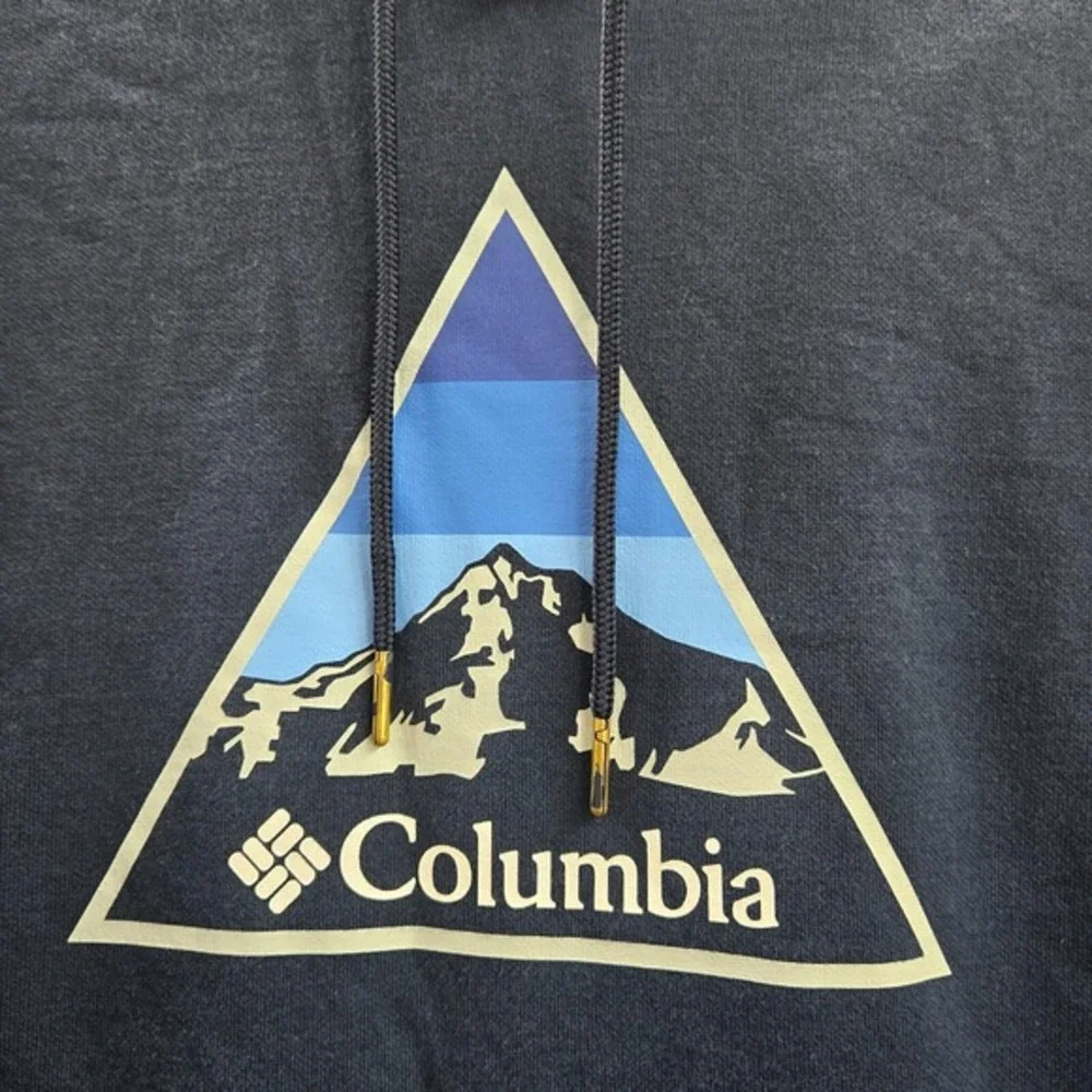 Columbia‎ Men Sweatshirt L Blue Mountain Logo Graphic Hoodie Fleece Drawstring